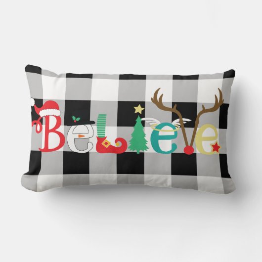 バッファローチェックの背景を持つクリスマスホームデコール ランバークッション (正面)