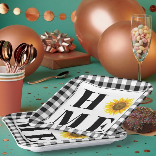 バッファローチェックひまわり"ホーム" ペーパープレート (複数)