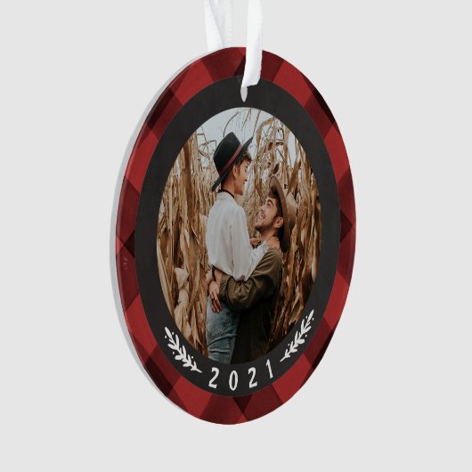 バッファローチェックカップル初めてのクリスマス オーナメント (正面)