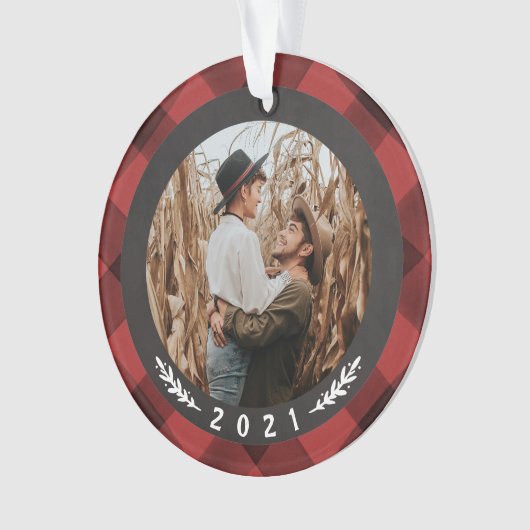 バッファローチェックカップル初めてのクリスマス オーナメント (正面)