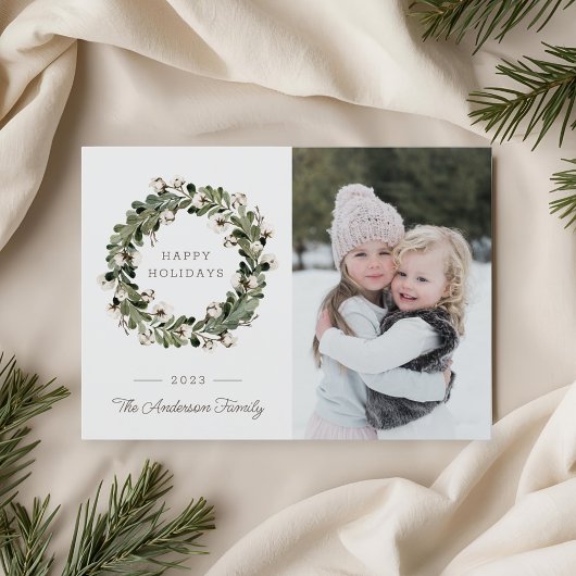 バッファローチェッククリスマスコットンリースファミリーフォト シーズンカード