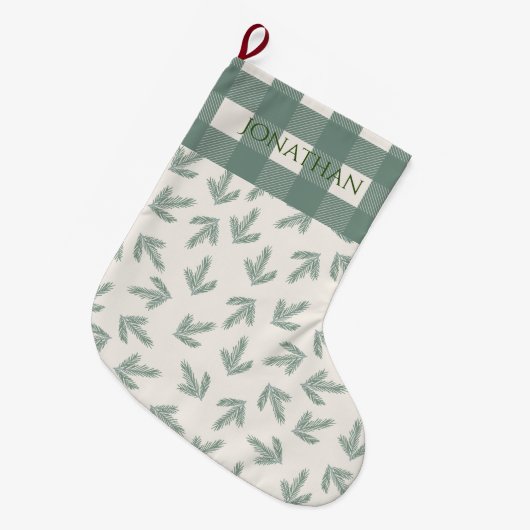 バッファローチェックグリーンプレイドタイポグラフィホリデー ラージクリスマスストッキング (正面 (吊り時))
