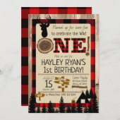 バッファローチェックフランネルワイルドワンディアファースト誕生日 招待状 (正面/裏面)