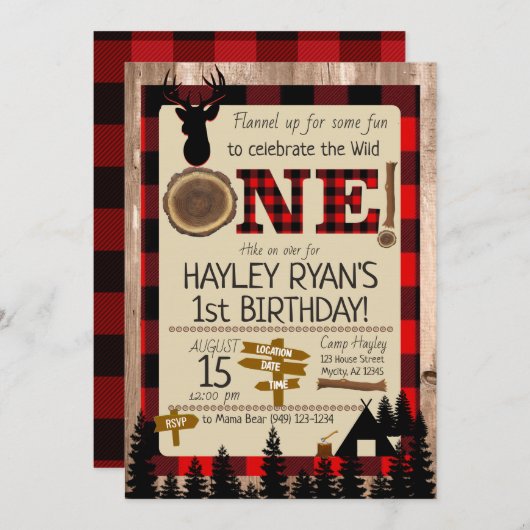 バッファローチェックフランネルワイルドワンディアファースト誕生日 招待状 (正面/裏面)