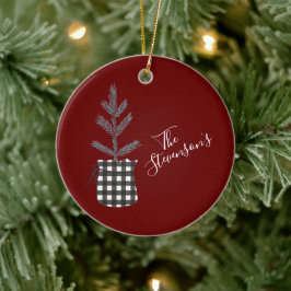 バッファローチェックブラックパインツリーパーソナライズされた名 セラミックオーナメント