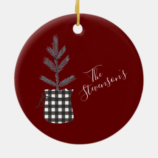 バッファローチェックブラックパインツリーパーソナライズされた名 セラミックオーナメント (裏面)