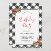 バッファローチェックブラック&ホワイトカスタムバースデーパーティー 招待状 (正面/裏面)