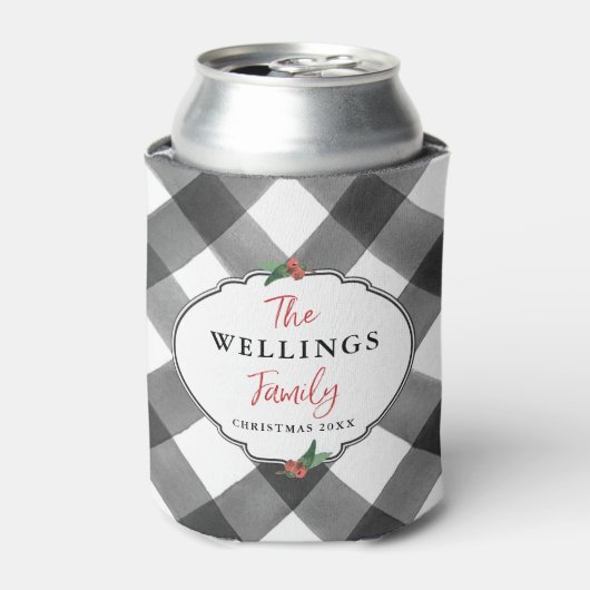 バッファローチェックブラック&ホワイトクリスマスパーティー日付 缶クーラー (缶正面)