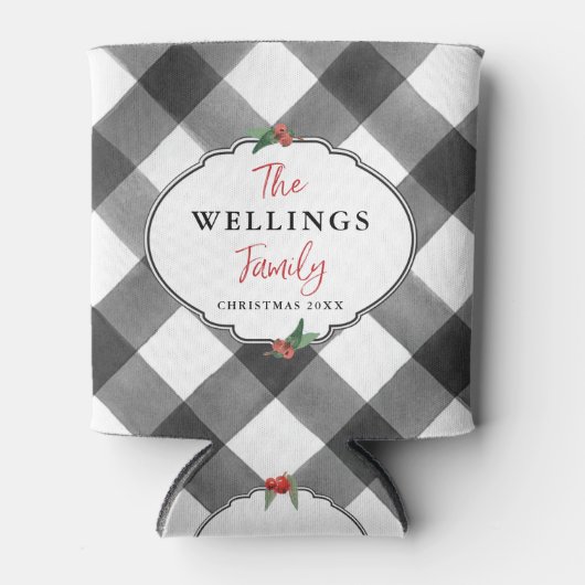バッファローチェックブラック&ホワイトクリスマスパーティー日付 缶クーラー (正面)