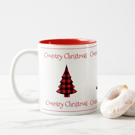 バッファローチェックプレイドホリデーカントリークリスマスツー ツートーンマグカップ (ドーナツ)