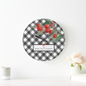 バッファローチェックプレイド白黒ファミリ名カスタム ラージ壁時計 (ホーム)