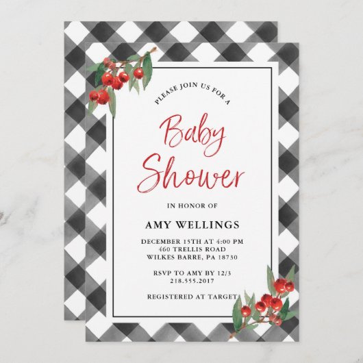 バッファローチェックプレイド白黒ベカスタムビーシャワー 招待状 (正面/裏面)