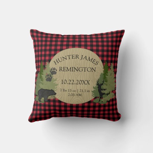 バッファローチェックプレイド赤黒男の赤ちゃん誕生統計 クッション (裏面)
