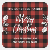 バッファローチェックホリーメリークリスマス差出人住所 スクエアシール (正面)