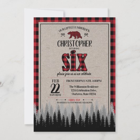 バッファローチェックランバージャックボーイの6誕生日 招待状 (正面)