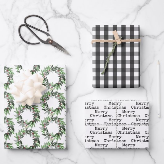バッファローチェックリースタイプライター文字クリスマス ラッピングペーパーシート (正面)