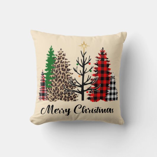 バッファローチェックレオパードプリントベアパインクリスマス クッション (正面)