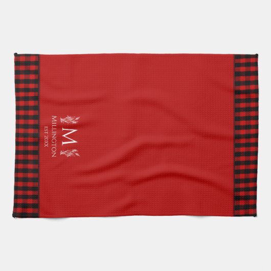 バッファローチェックレッド&ブラックプライドカスタムモノグラム キッチンタオル (横)