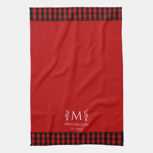 バッファローチェックレッド&ブラックプライドカスタムモノグラム キッチンタオル (縦)