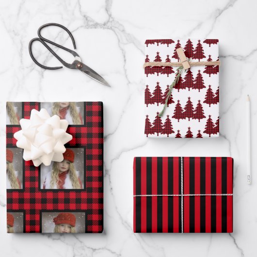 バッファローチェック写真クリスマス ラッピングペーパーシート (正面)