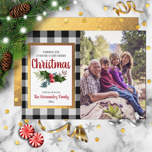 バッファローチェック水色ホリークリスマスフォト シーズンカード