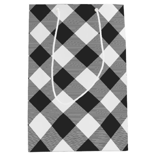 バッファローチェック白と黒の正方形プレイド ミディアムペーパーバッグ (正面)