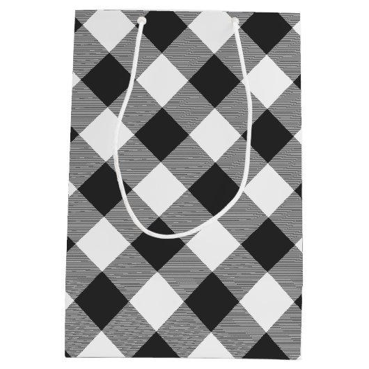 バッファローチェック白と黒の正方形プレイド ミディアムペーパーバッグ (裏面)