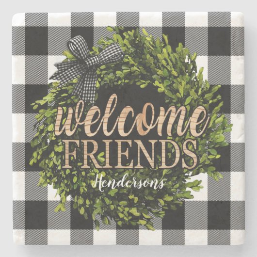 バッファローチェック白黒ボクウッドリース ストーンコースター (正面)