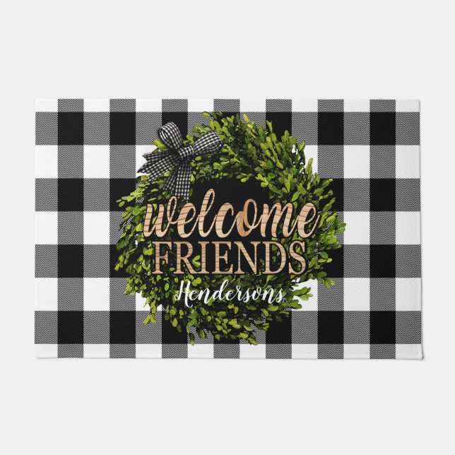 バッファローチェック白黒ボクウッドリース ドアマット (正面)