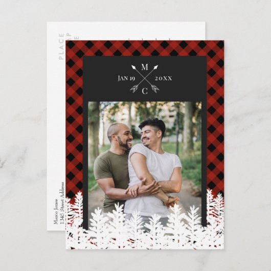 バッファローチェック矢印モノグラム写真日付を保存 案内ポストカード (正面/裏面)