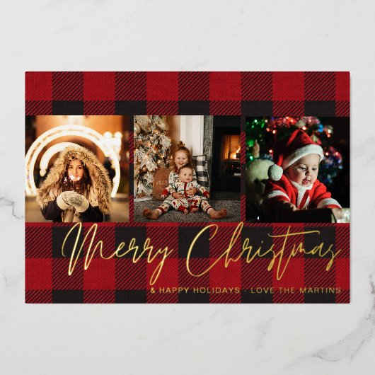 バッファローチェック3写真メリークリスマス 箔招待状 (正面)