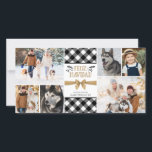 バッファローチェックFELIZ NAVIDAD白黒コラージュ シーズンカード<br><div class="desc">黒と白のバッファローのチェックの格子状デザインとアクセント6の写真，茶色のクラフト紙フォントでFELIZ NAVIDADとタイトル付き手書きの冬の葉と金ゴールド茶色の弓できちんと結ばれる。(写真のヒント：最も速く最高の/結果を得るには、途中に被写体を持つ写真を選択し、アップロード前に示すように前に同じ形状にプリクロップし、提供された写真宇宙に完全に埋める)。 この連絡デザイもしナーを変更するか、別のデザインで変更する。</div>