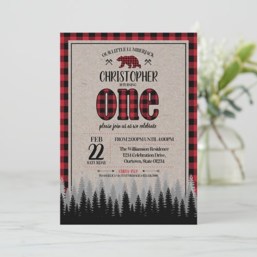 バッファローチェックLumberjack Boy's 1 Birthday 招待状 (スタンド正面)