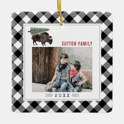 バッファローバイソンクリスマスツリープレイドフォトカウボーイ セラミックオーナメント (正面)