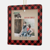 バッファローバイソンクリスマスツリーレッドプレイド写真 セラミックオーナメント (左)