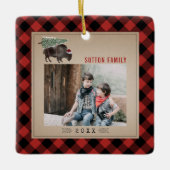 バッファローバイソンクリスマスツリーレッドプレイド写真 セラミックオーナメント (正面)