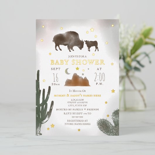 バッファローバイソンサボサボスターベビーシャワー 箔招待状 (立ち正面)