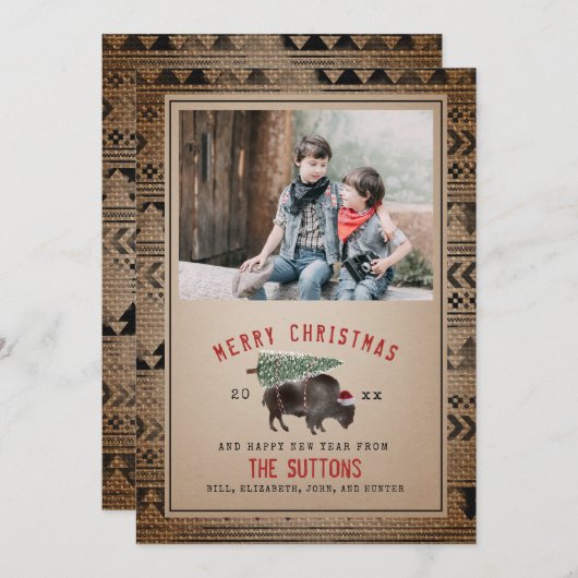 バッファローバイソンメリークリスマスツリーバーラップ写真 シーズンカード (正面/裏面)