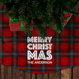 バッファローパターンメリークリスマスファミリーネームカスタム ブラッシュドポリエステルツリースカート