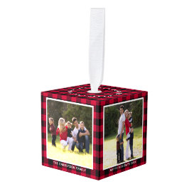 バッファローパーソナライズされたプレイドファミリー写真クリスマス キューブオーナメント