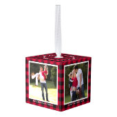 バッファローパーソナライズされたプレイドファミリー写真クリスマス キューブオーナメント (裏面アングル)