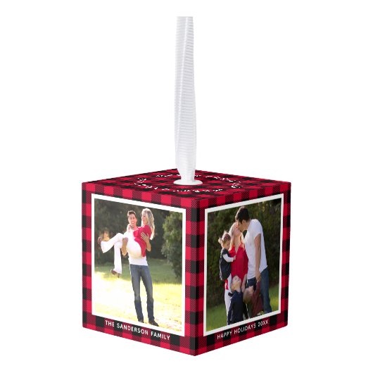 バッファローパーソナライズされたプレイドファミリー写真クリスマス キューブオーナメント (裏面アングル)