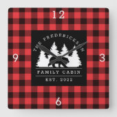 バッファローパーソナライズされたプレイドベアーフォレストキャビン スクエア壁時計 (正面)