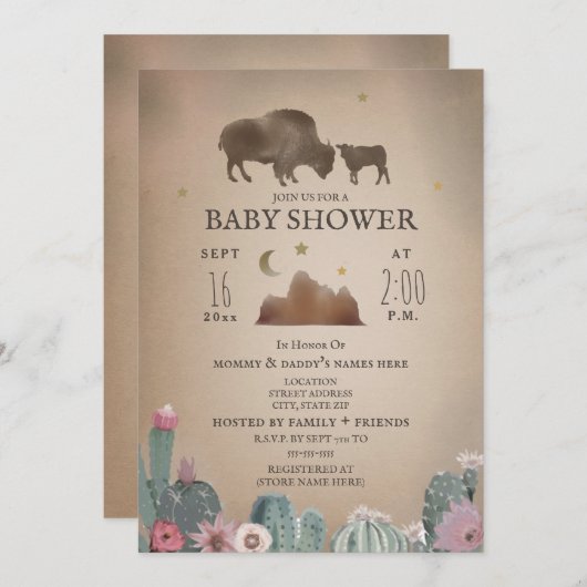 バッファロービソンデザートフローラガールベビーシャワー 招待状 (正面/裏面)