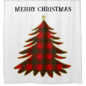 バッファロープレイドと金ゴールドグリッタークリスマスツリー シャワーカーテン (正面)