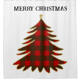バッファロープレイドと金ゴールドグリッタークリスマスツリー シャワーカーテン