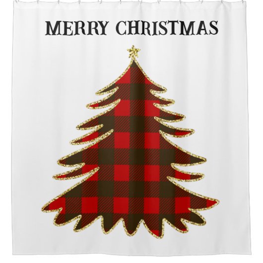 バッファロープレイドと金ゴールドグリッタークリスマスツリー シャワーカーテン (正面)