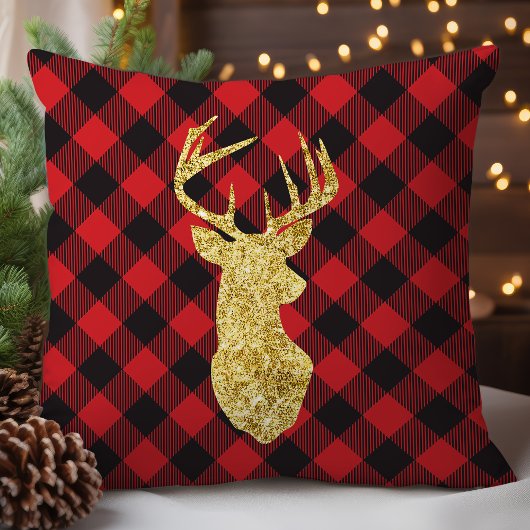 バッファロープレイドと金ゴールド鹿クリスマス クッション