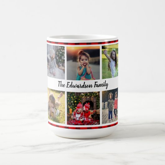 バッファロープレイドの家族の写真コラージュの家族の名前 コーヒーマグカップ (中央)