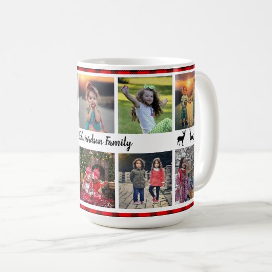 バッファロープレイドの家族の写真コラージュの家族の名前 コーヒーマグカップ (正面右)